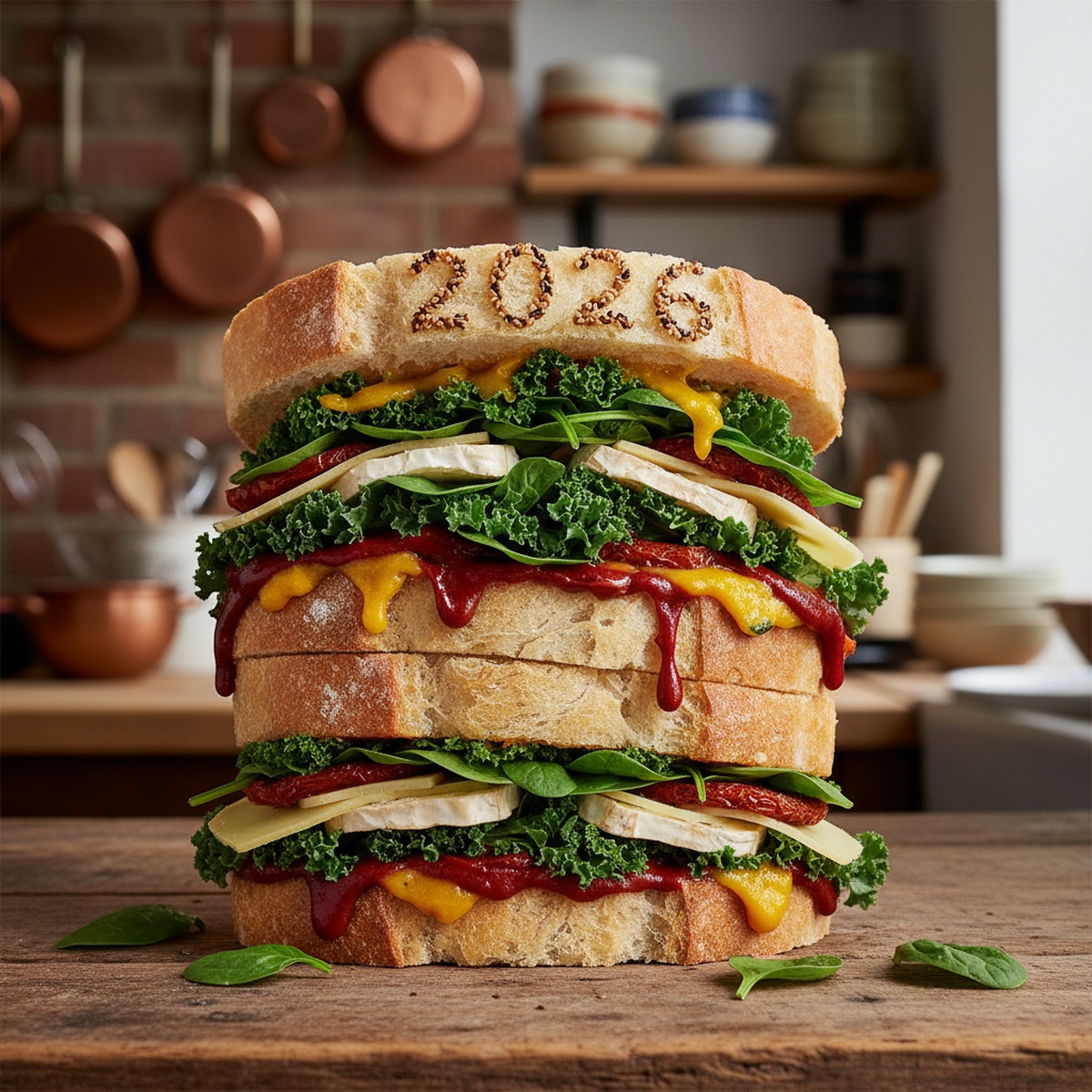 Towering gourmet sandwich on rustic wood with artisanal sourdough and fresh greens.
