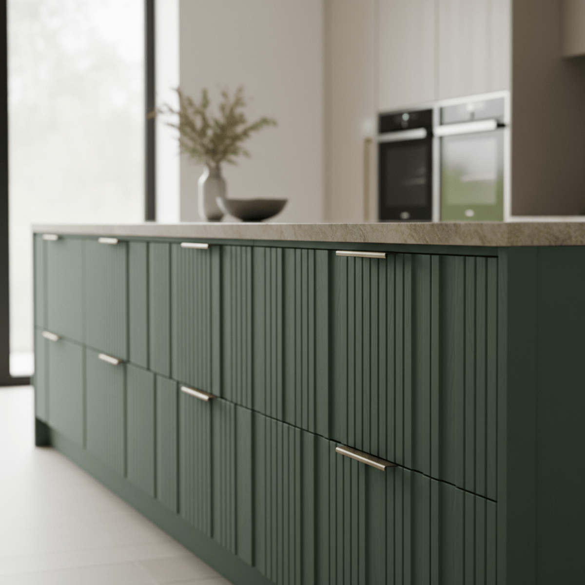 Luxurious sage green fluted drawer fronts with rhythmic grooves in a sleek kitchen.