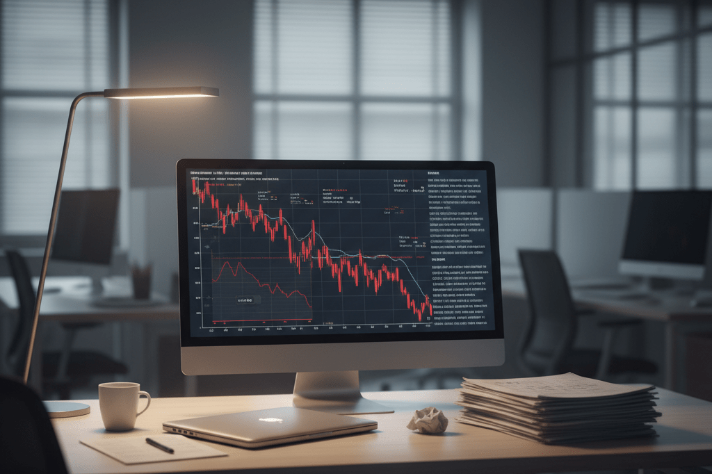 Empty office desk with monitor showing declining charts and reports, symbolizing rapid gaming business failure