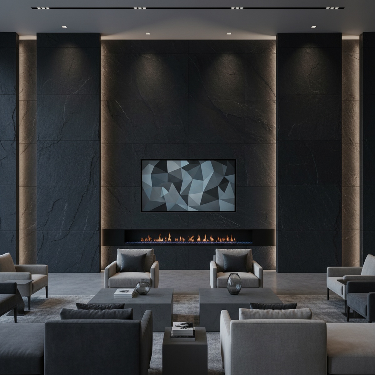 Expansive carbon slate panel wall with a rich dark finish in a luxurious executive lounge.