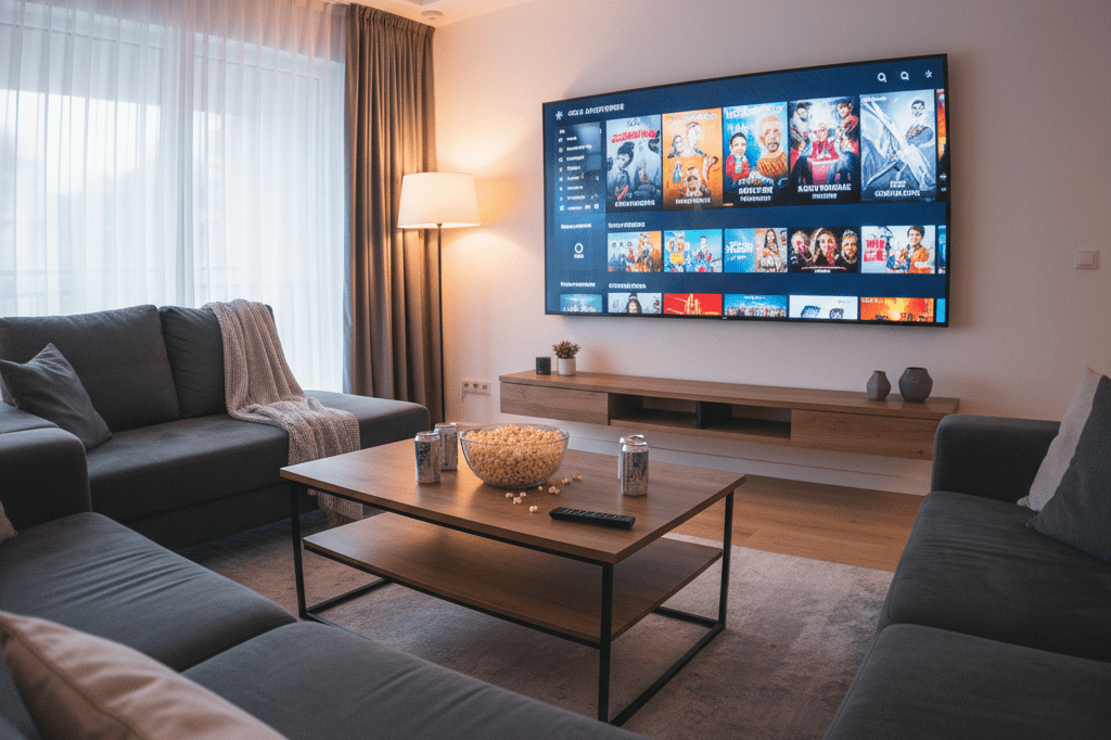 Modern living room with TV showing generic streaming service menu under soft ambient lighting, evoking cozy viewing moments