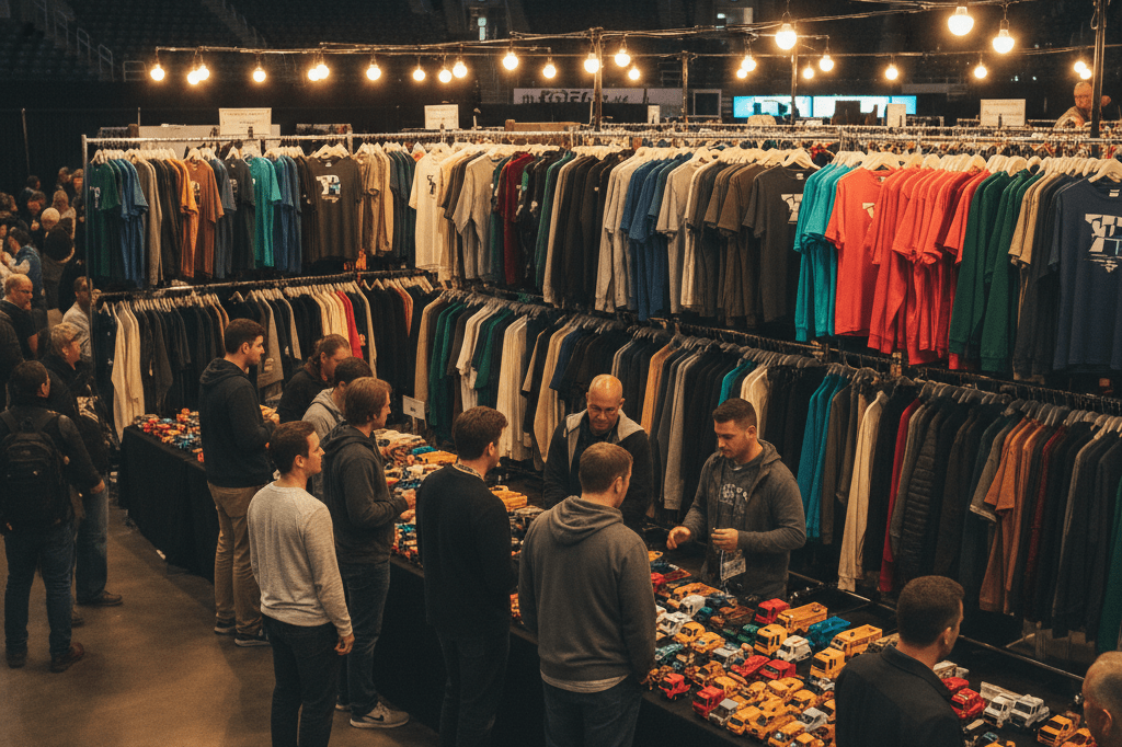 Wide shot of event merchandise booth with attendees exploring products under warm ambient lighting
