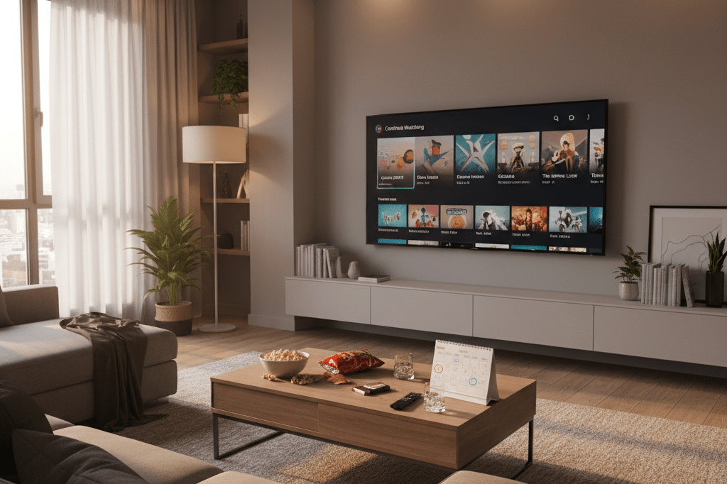 Modern living room with streaming service interface and weekly calendar, evoking consistent viewer habits under natural light