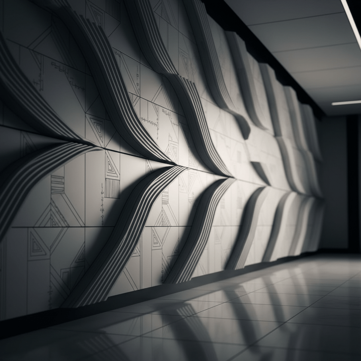 Flowing parametric wall paneling with satin finish in office Modern wall paneling with organic curves and geometric patterns in a corporate office.