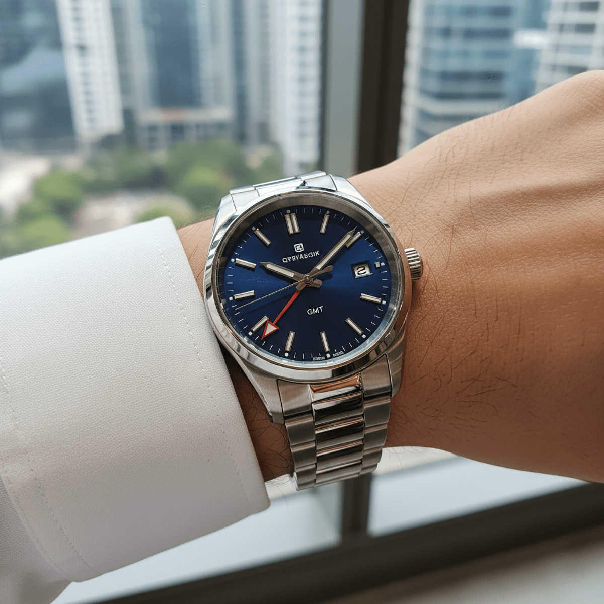 Sleek stainless steel GMT wristwatch with dual-time display on a wrist.