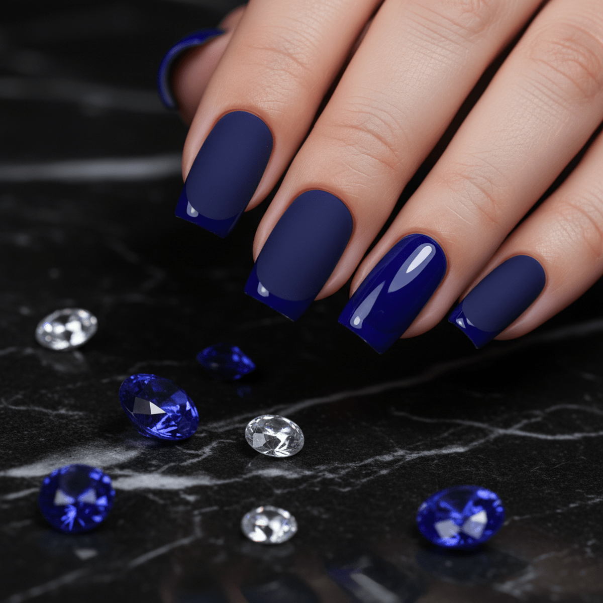 Close-up of French nail designs with velvety matte midnight blue and glossy sapphire tips.