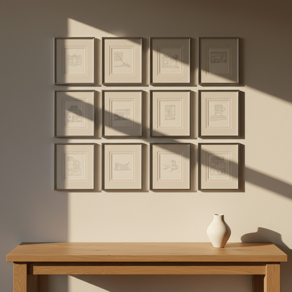 Modern entryway with symmetrical line drawings and oak console table.