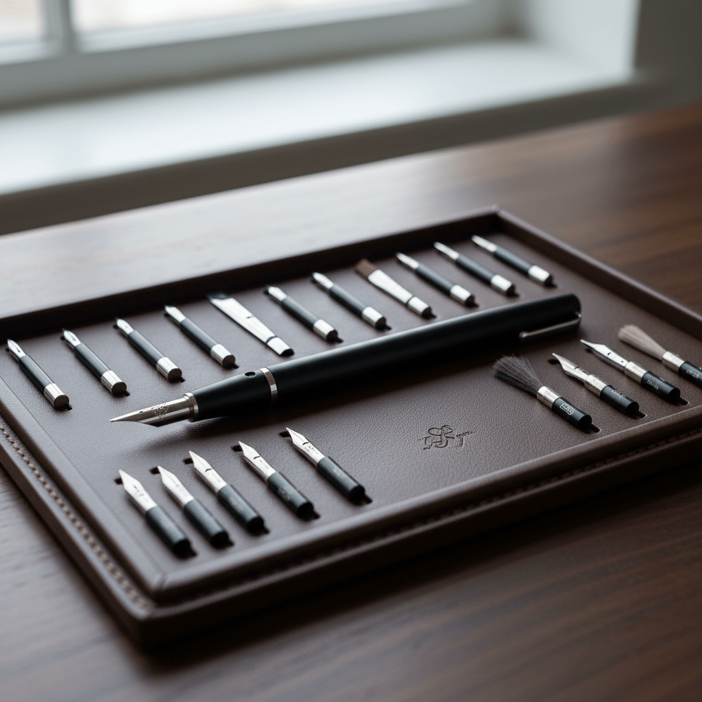 Modular calligraphy pen system with magnetic connections and interchangeable nibs on a walnut desk.