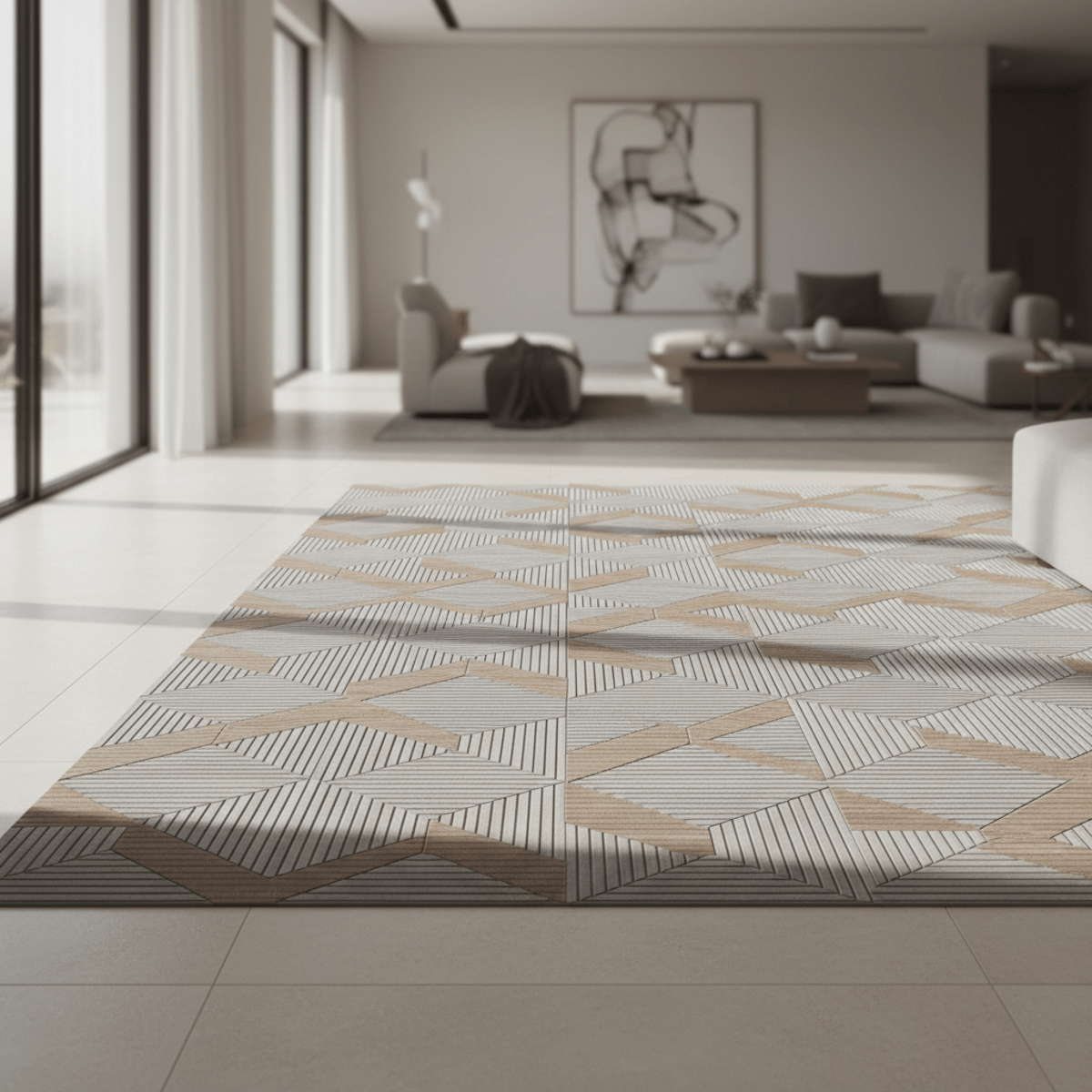 Luxurious porcelain tiles with fluted patterns form a decorative rug in a modern living room.