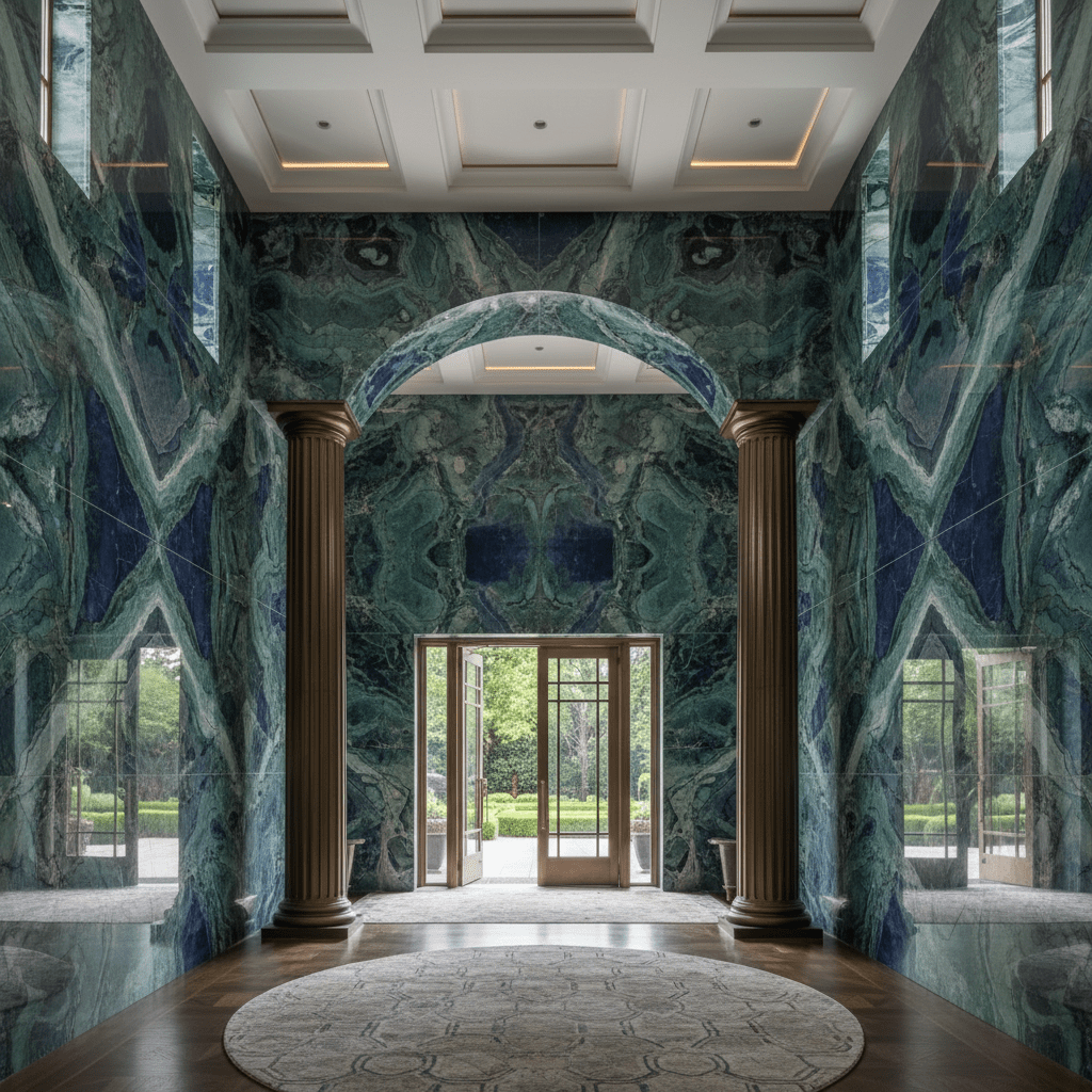 Grand entryway with large-format marble wall panels showcasing emerald and sapphire veining.
