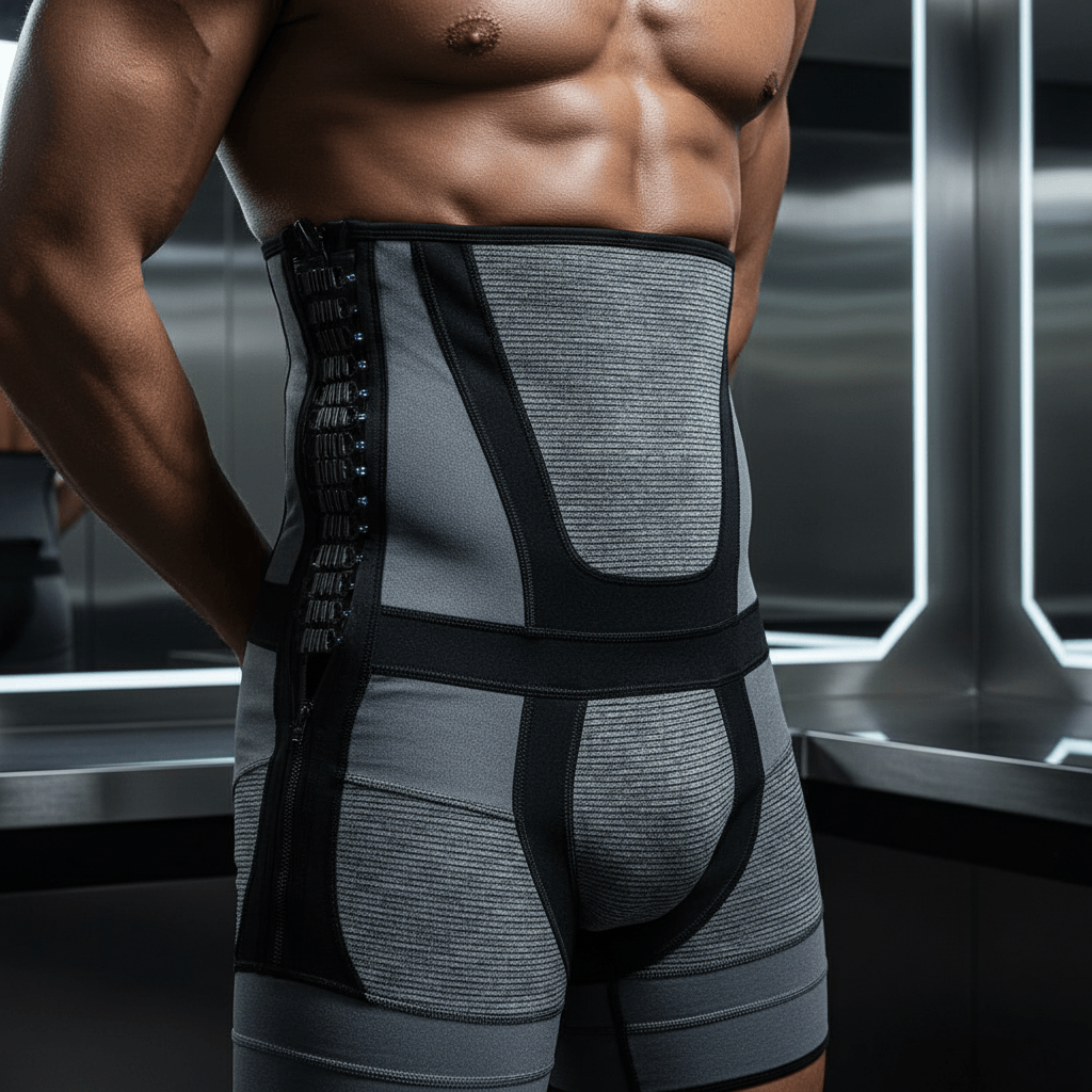 Close-up of men's futuristic body shaper with adjustable zipper and compression panels.