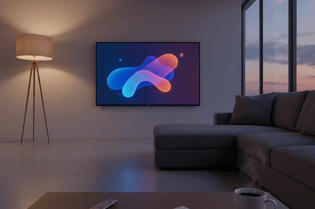 Modern living room with smart TV, notebook, and coffee under ambient lighting, hinting at digital content viewing