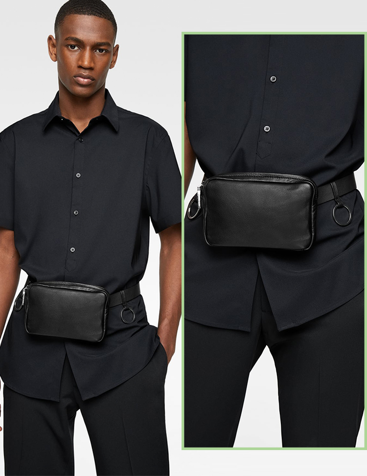 定制时尚方形黑色光滑皮革男士腰部腰包腰带袋 fanny pack for man