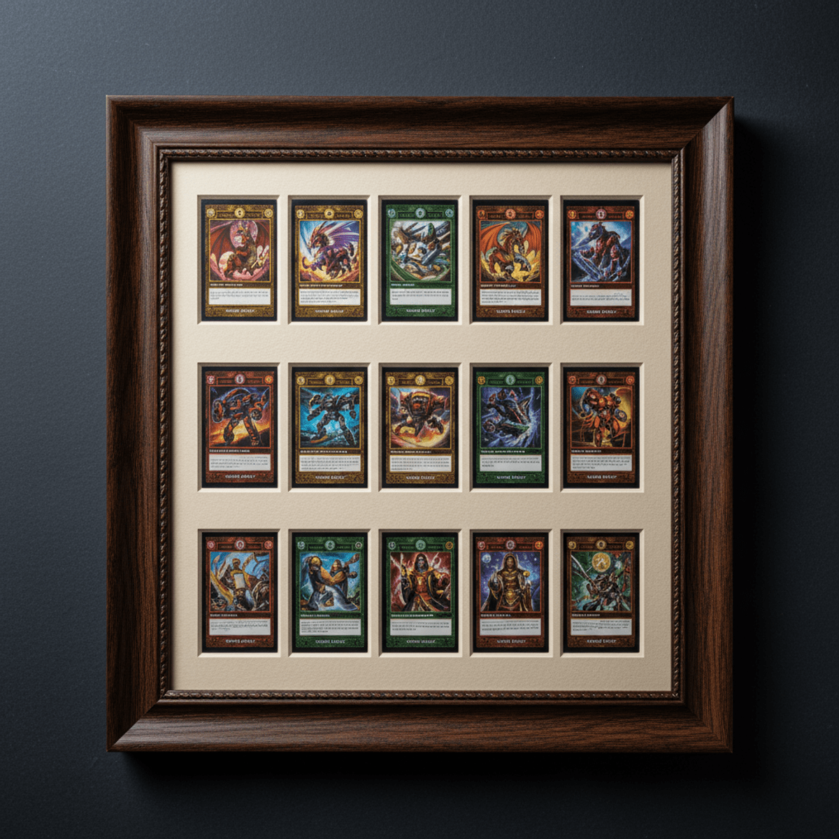 Ornate dark walnut frame displays a full set of trading cards with glossy finishes.