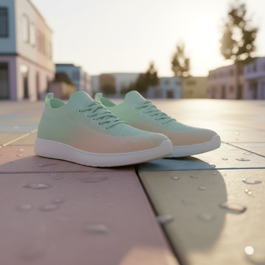 Pink and green ombre knit sneakers on pastel pavement at golden hour.