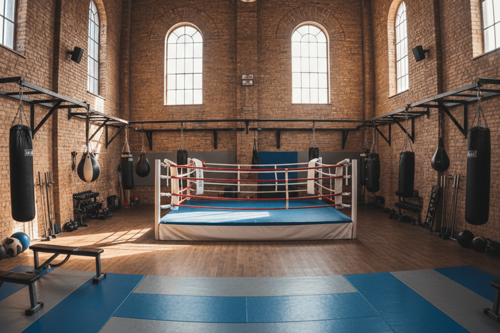 Wide-angle view of a disciplined martial arts gym with punching bags, mats, and equipment under soft daylight