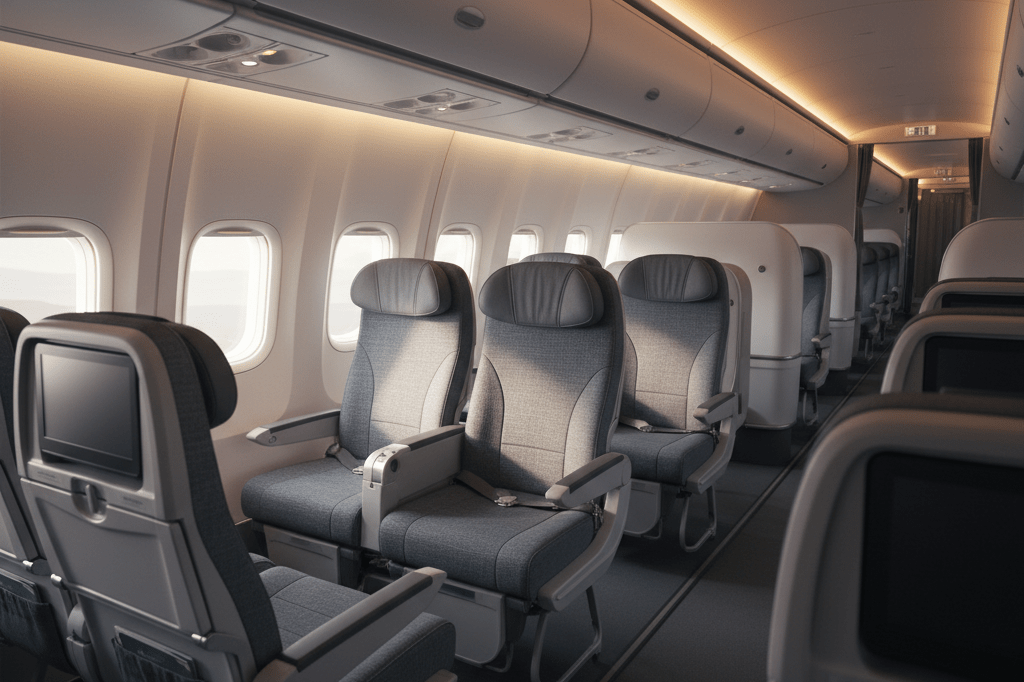 Innovative airplane seating area showcasing transformable economy seats under natural light, highlighting comfort and adaptability