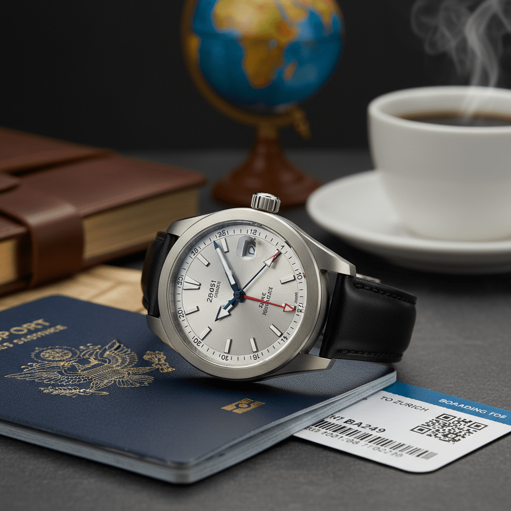 Sleek titanium GMT watch with brushed metal casing on a travel desk.