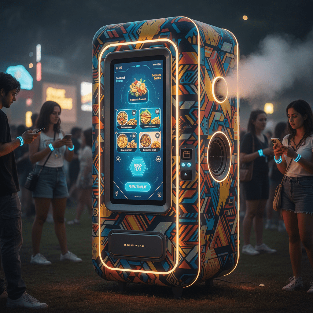 Sleek futuristic food vending machine with vibrant wrap at an outdoor festival.