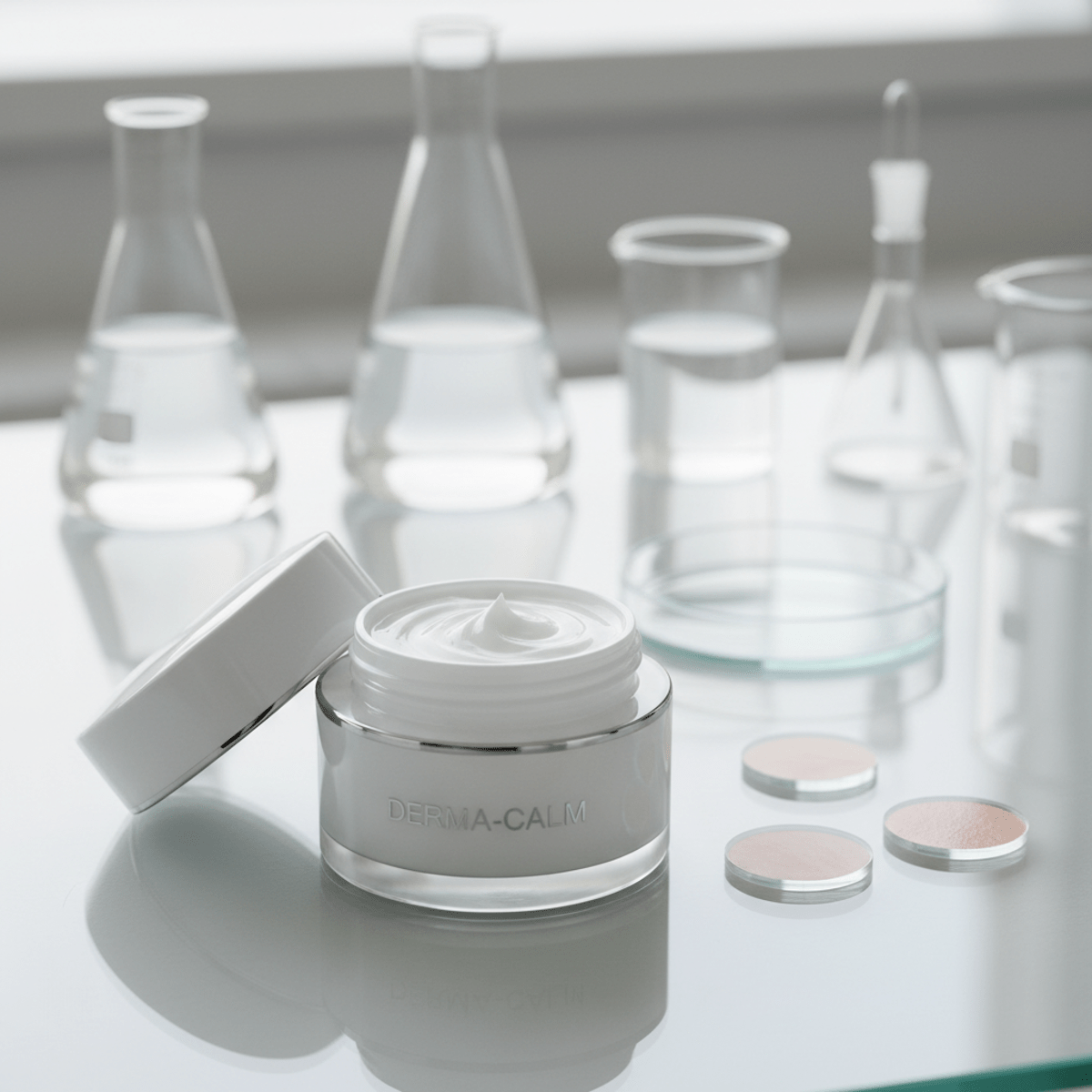 Luxurious psoriasis cream in a minimalist jar on a sterile glass surface.
