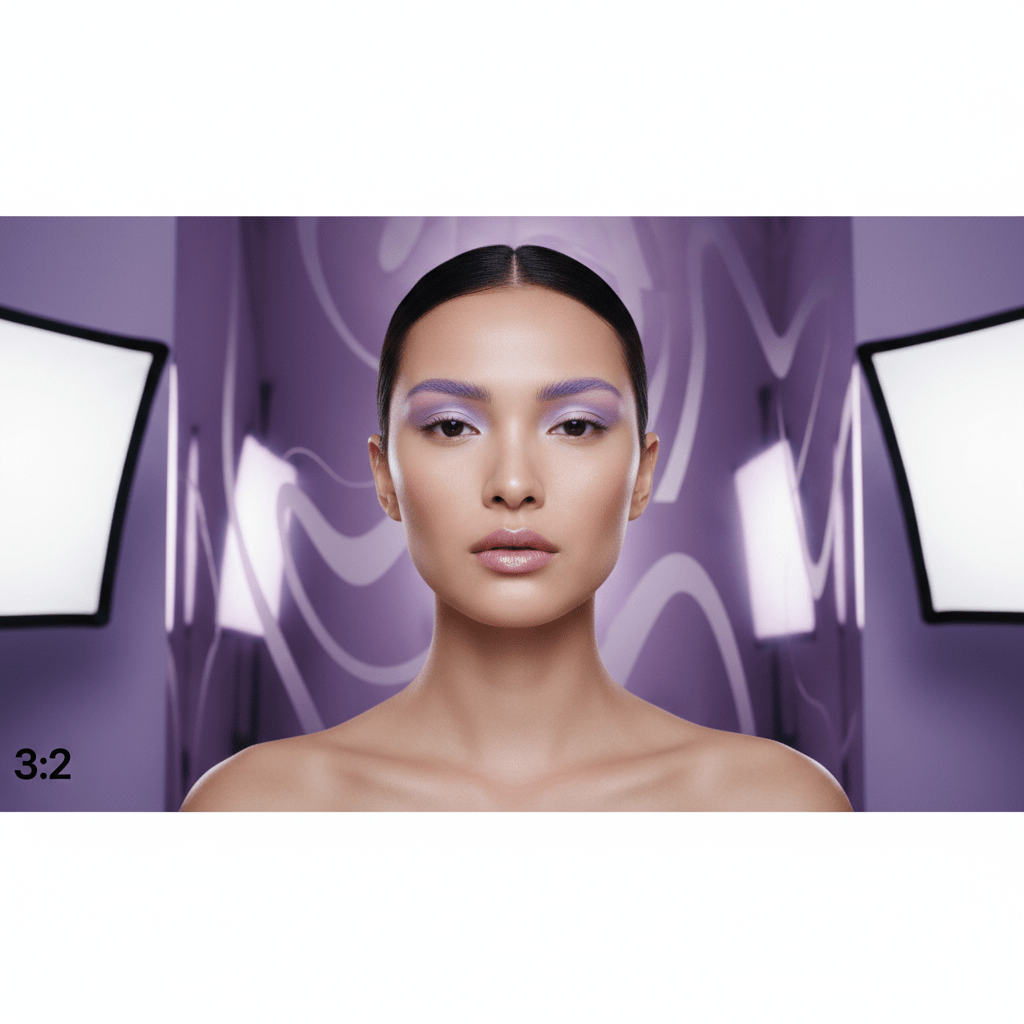 Model with 90s brows in digital lavender hues against a metallic lavender backdrop.