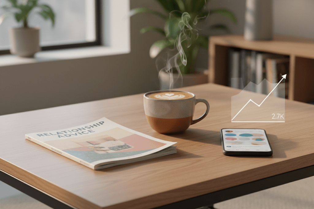 Medium shot of relationship-themed products on a coffee table under natural and warm ambient light, symbolizing market shifts after celebrity breakups