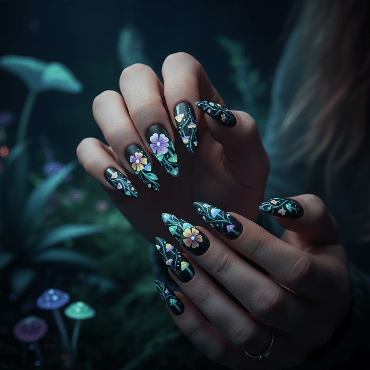 Bioluminescent botanical nails with luminous vines and radiant flowers glow in darkness.