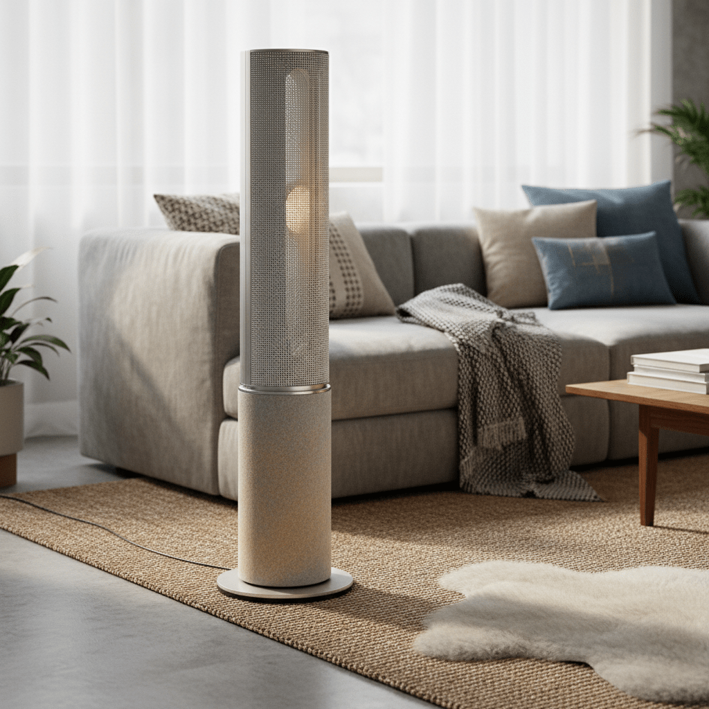 Sleek acoustic fan with grey felt base in a cozy living room.