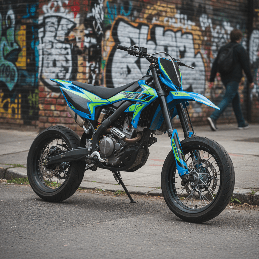 Electric blue and green supermoto motorcycle parked on a graffiti-covered urban street corner.