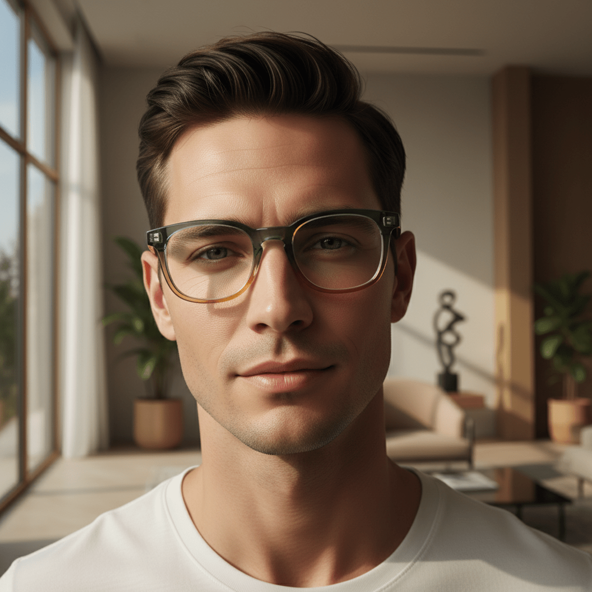 Male model with sea-glass green and amber tinted eyeglasses in a modern interior.