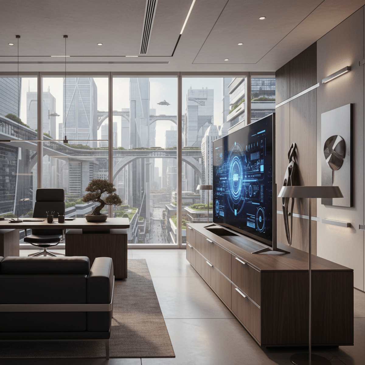 Minimalist executive office with large TV emerging from dark wood credenza.