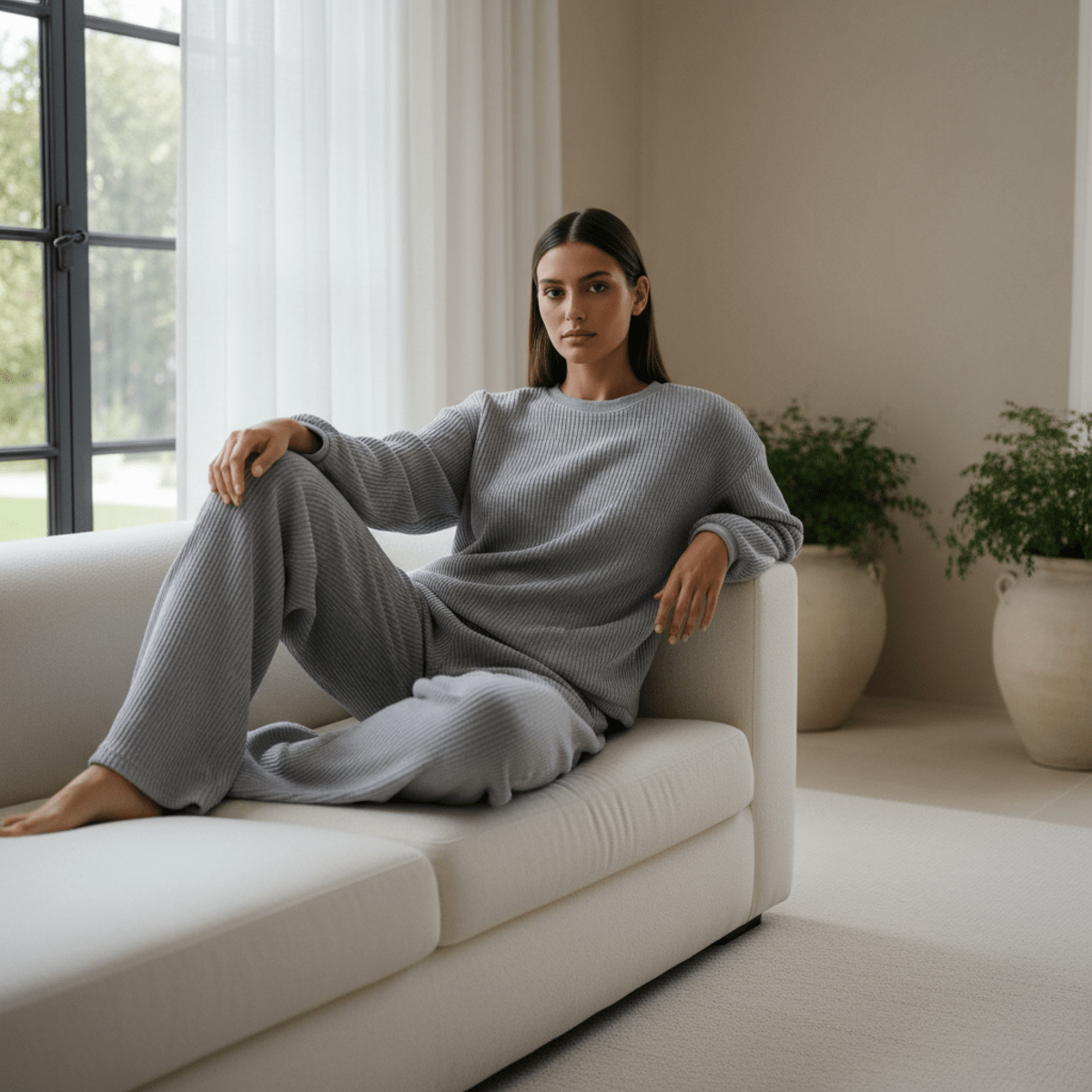 Model in heather grey ribbed loungewear set lounging on a minimalist sofa.