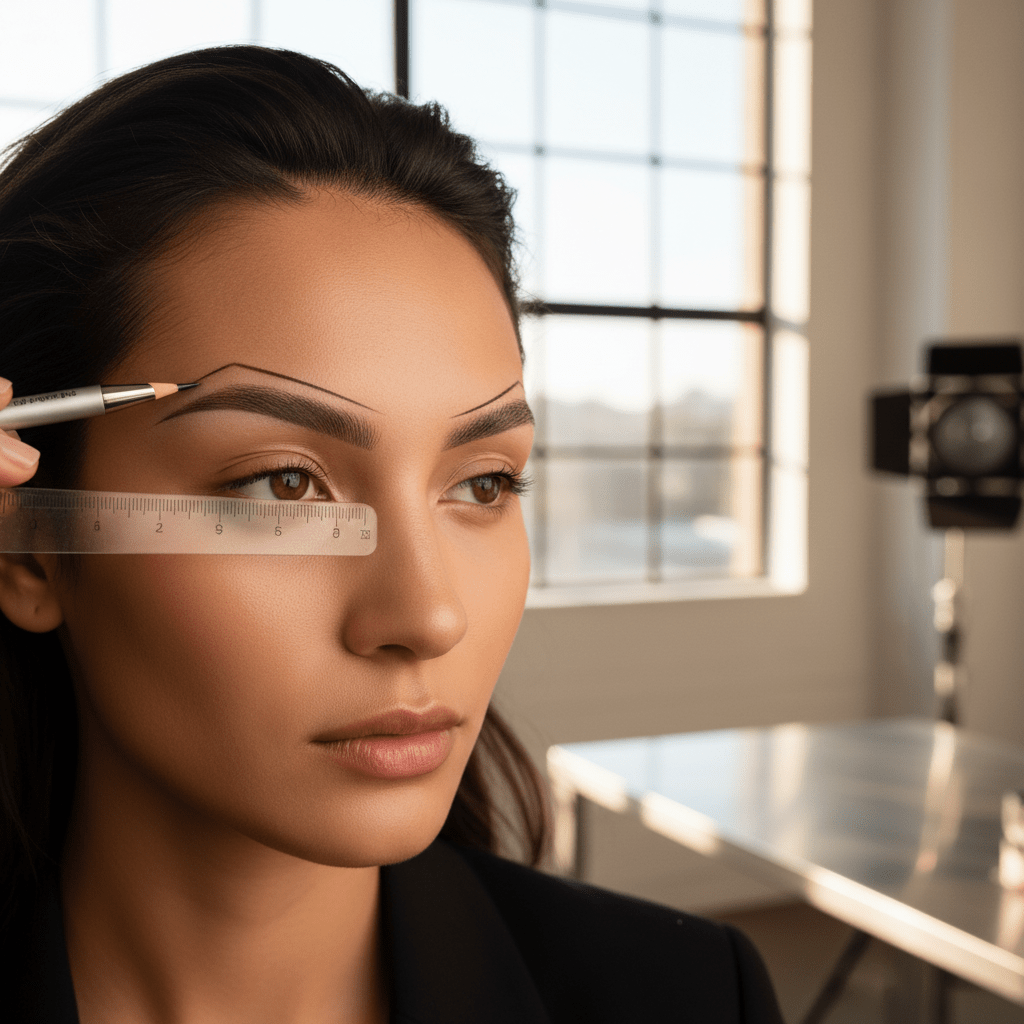 Model precisely sculpts geometric Neo-Thin brows with a fine-tipped pencil in soft daylight.