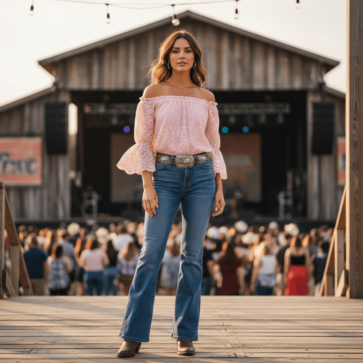 Lace top and cowboy boots at outdoor concert. Woman in eyelet lace top and cowboy boots at outdoor concert stage.