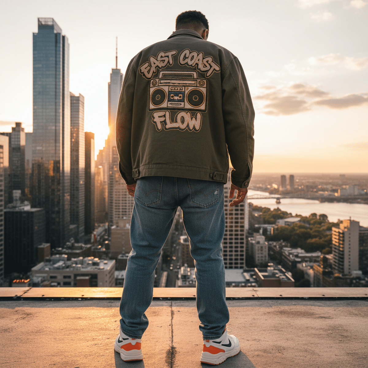 Oversized 90s hip hop jacket with embroidered logo on a city rooftop at golden hour.