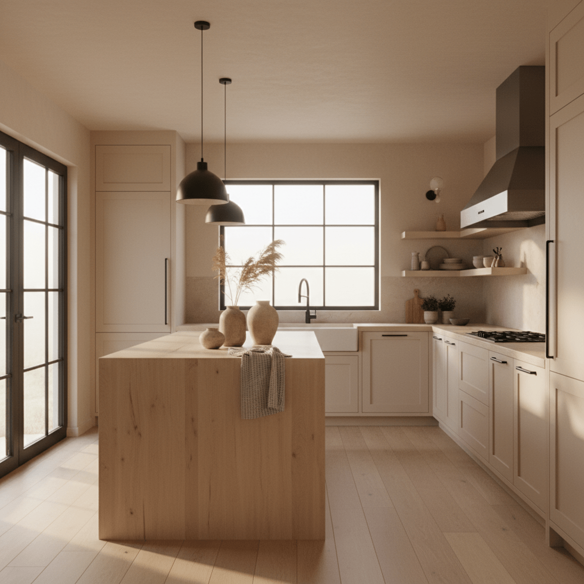 Modern farmhouse kitchen with cashmere beige cabinetry, matte black accents, and natural wood countertops.