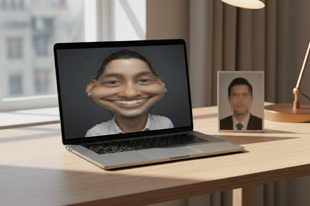 Medium shot of laptop showing distorted AI caricature beside a softly blurred professional headshot under natural and warm ambient light