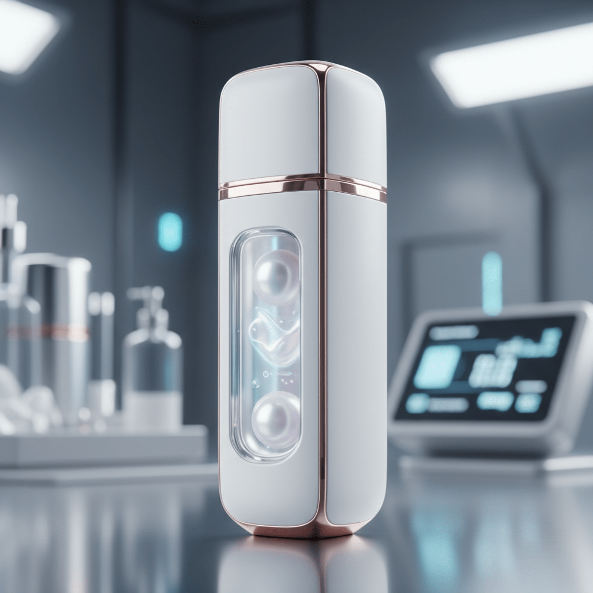 Ultra-realistic futuristic serum bottle with pearl liquid in a high-tech lab.