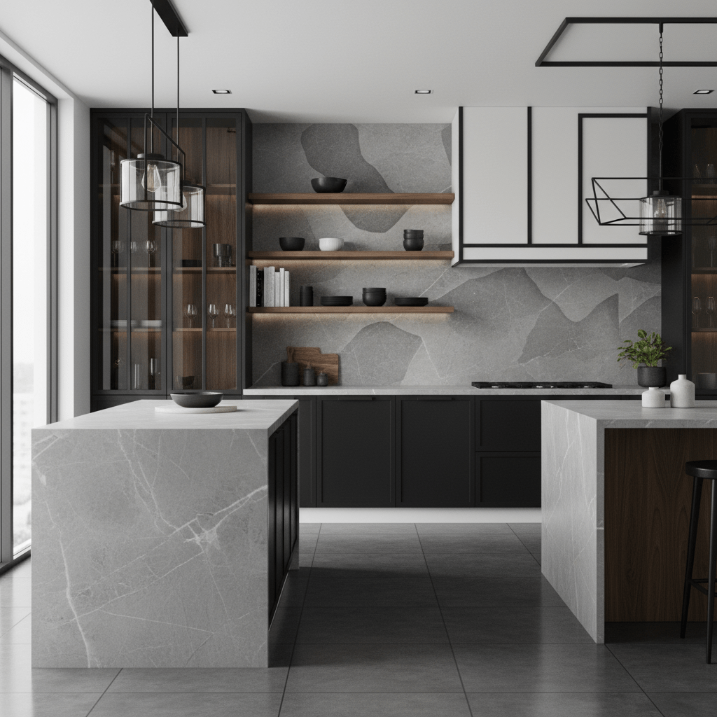 Sleek modern kitchen with black metal cabinets, gray soapstone, and warm walnut shelves.