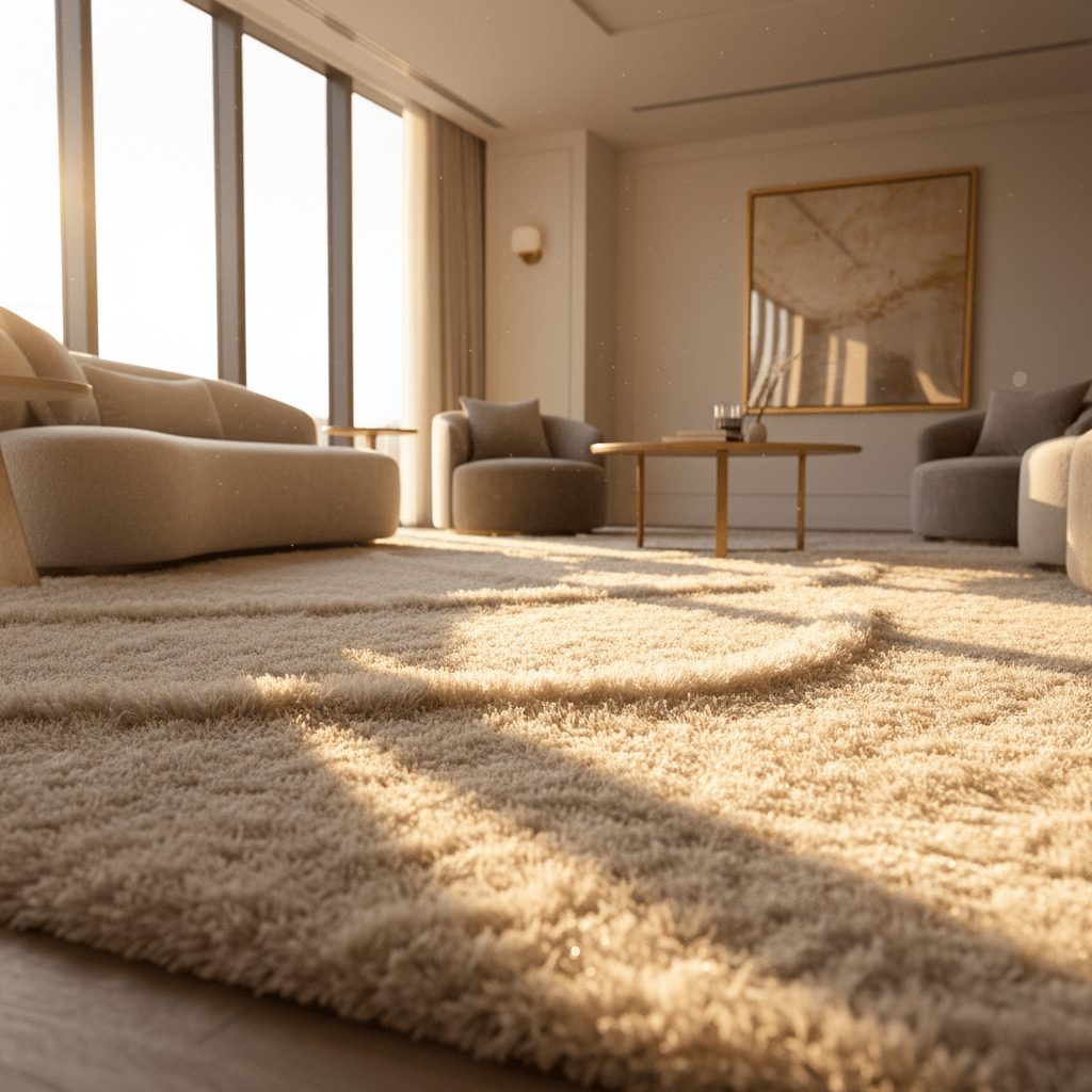 Luxurious ivory shag carpet with deep plush fibers in a sunlit lounge.