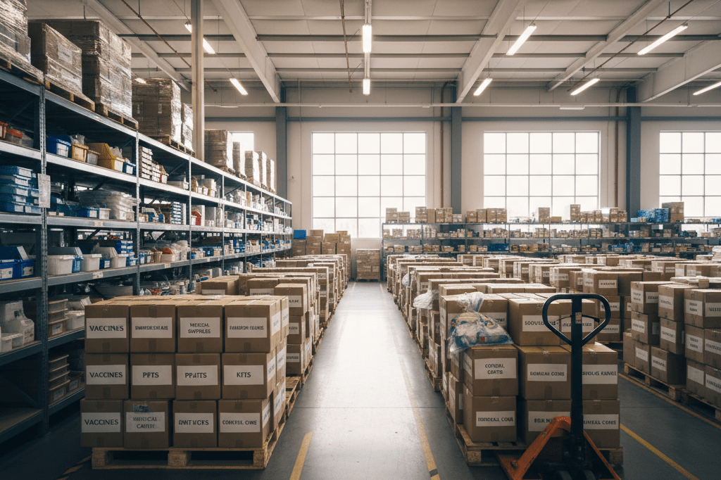 Wide shot of labeled vaccine boxes and medical supplies stacked in a well-lit warehouse, highlighting crisis logistics coordination
