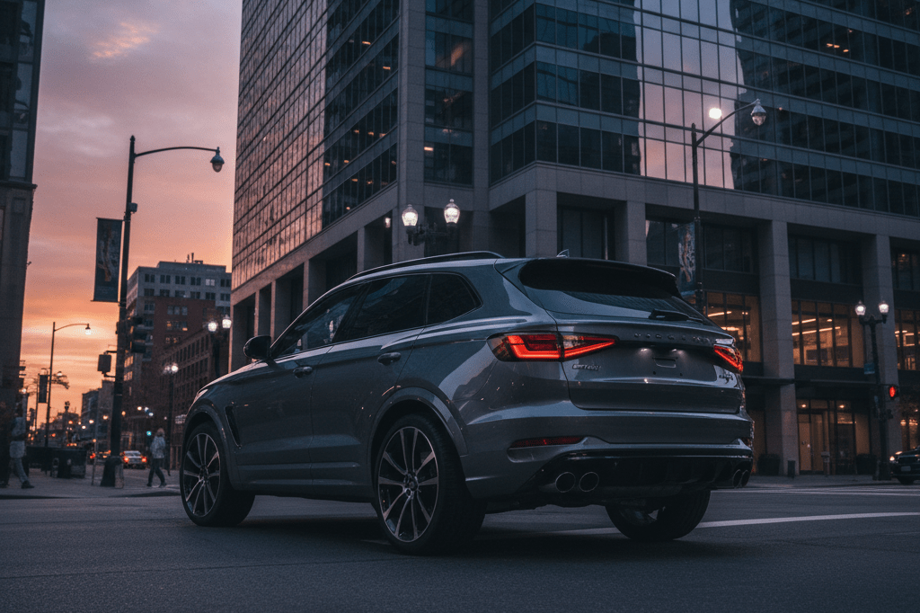 Sport-oriented SUV parked under warm ambient light at dusk, highlighting dynamic design and urban appeal