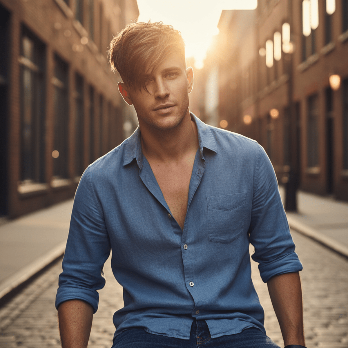 Modern textured fringe hairstyle with windswept, asymmetrical lengths. Men's textured fringe hairstyle with windswept, asymmetrical lengths outdoors at golden hour.