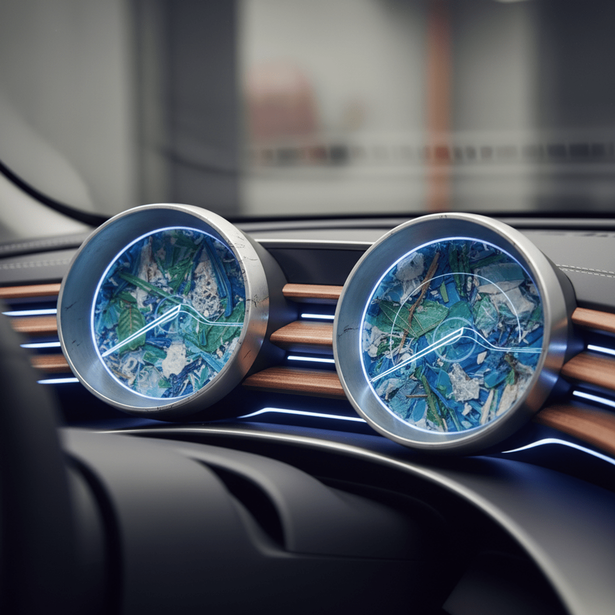 Close-up of futuristic car gauges made from recycled ocean plastics and natural fibers.