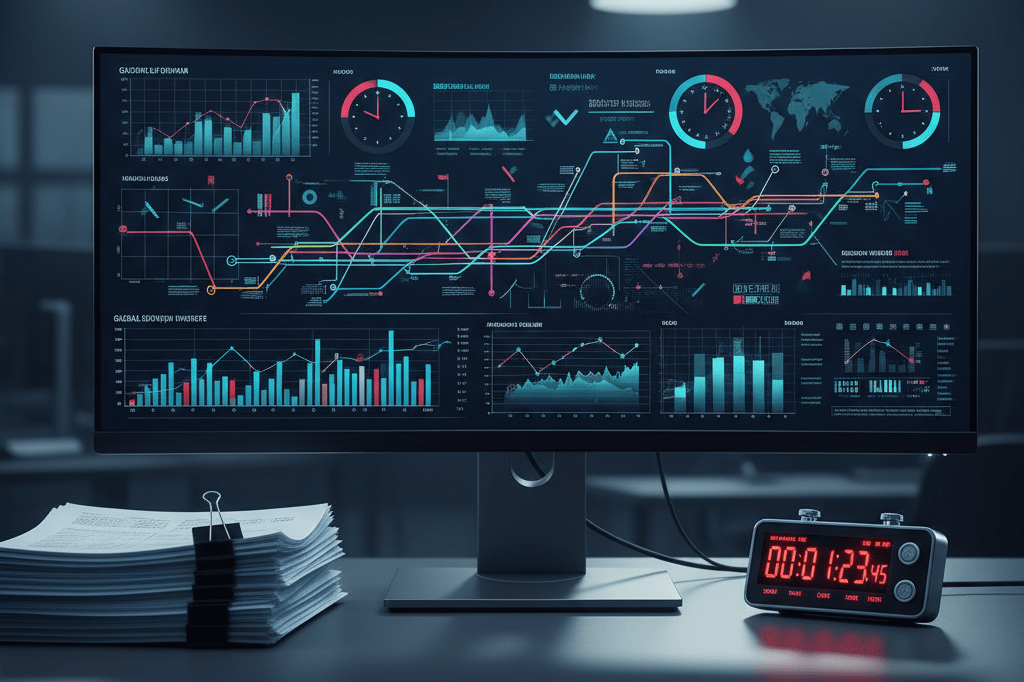 Control room desk with data monitor, stopwatch, and manifests under cool ambient light symbolizing supply chain efficiency