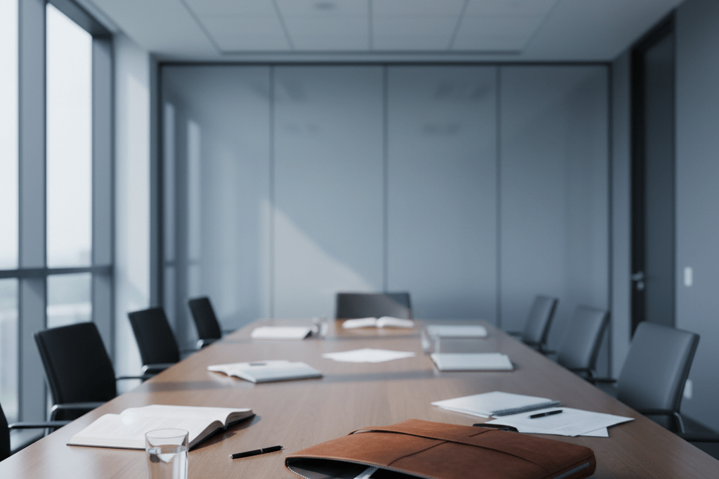 Medium shot of an unoccupied conference room with disarrayed documents and an open portfolio, lit by natural and ambient light, evoking workplace stress and authority imbalance