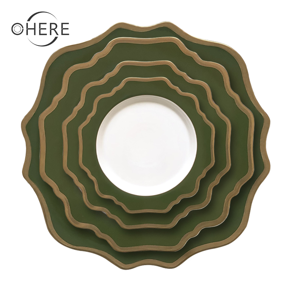 2021 Ohere Роскошная настольная посуда набор тарелок Свадебные украшения для кейтеринга темно-зеленые золотые тарелки