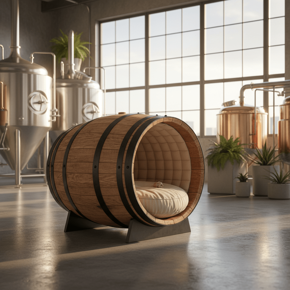 Artisanal oak barrel repurposed into a cozy pet den in a modern brewery.