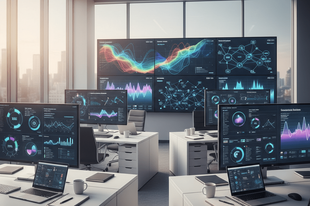 Wide shot of a sleek retail analytics workspace featuring data screens and strategic tools under natural lighting