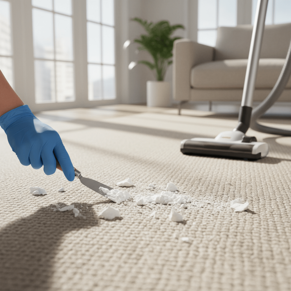 Hand scrapes dried cornstarch paste from beige carpet fibers with spatula.